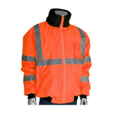 A mannequin displays the PIP Bomber Jacket with Zip-Out Fleece Liner 333-1762 by Protective Industrial Products. This durable, bright orange high-visibility safety jacket is designed with grey reflective stripes on the front, sleeves, and torso and features a waterproof exterior along with a high collar and a convenient front chest pocket.