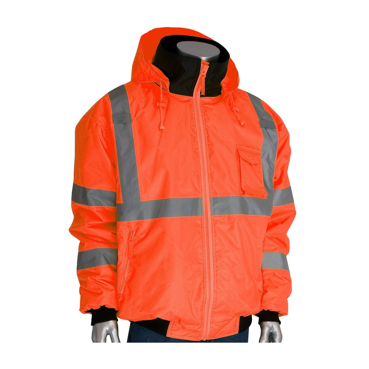 Displayed on a mannequin, the PIP Bomber Jacket with Zip-Out Fleece Liner 333-1762 by Protective Industrial Products boasts a vibrant orange color with reflective gray stripes and a hood. This durable jacket is waterproof and comes equipped with a front zipper, chest pocket, and side pockets, featuring stylish black cuffs and waistband for added appeal.