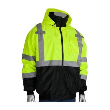 Introducing the PIP Waterproof Reflective Value Bomber Jacket 333-1766 by Protective Industrial Products, a high-visibility ANSI Class 3 jacket featuring vibrant yellow fabric with reflective gray stripes. This bomber jacket is designed to be waterproof and includes a hood, a black lower section, and long sleeves. It is showcased on a mannequin against a white background.