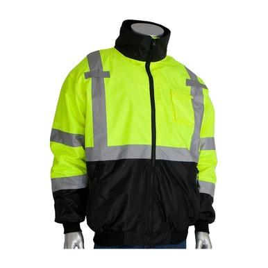 The PIP Waterproof Reflective Value Bomber Jacket 333-1766 by Protective Industrial Products is a high-visibility option featuring bright yellow and black colors with silver bands. As an ANSI Class 3 jacket, it ensures safety in low-light conditions with its zipper front, stand-up collar, and long sleeves for both comfort and visibility.