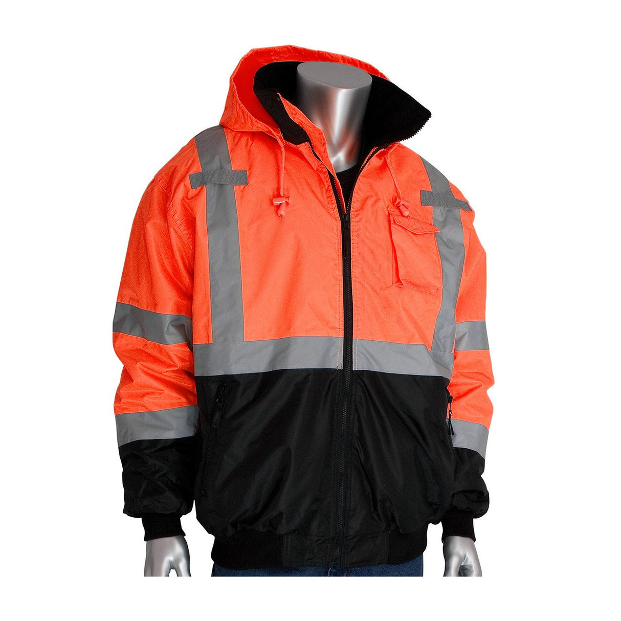 The PIP Waterproof Reflective Value Bomber Jacket 333-1766 from Protective Industrial Products is an ANSI Class 3, high-visibility jacket in vibrant orange and black. It features reflective gray stripes and includes a hood, front zipper, and multiple pockets for improved safety and visibility. The jacket is elegantly displayed on a mannequin against a white background.