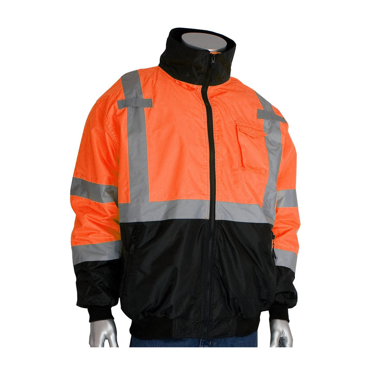 A PIP Waterproof Reflective Value Bomber Jacket 333-1766 is showcased on a mannequin. The jacket's eye-catching orange and black design, enhanced by silver strips, includes a high collar, front zipper, and multiple pockets. Ideal for visibility in low-light conditions, this garment meets the specifications of an ANSI Class 3 Jacket from the Protective Industrial Products brand.