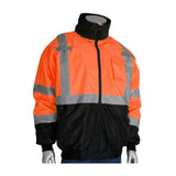 A PIP Waterproof Reflective Value Bomber Jacket 333-1766 is showcased on a mannequin. The jacket's eye-catching orange and black design, enhanced by silver strips, includes a high collar, front zipper, and multiple pockets. Ideal for visibility in low-light conditions, this garment meets the specifications of an ANSI Class 3 Jacket from the Protective Industrial Products brand.