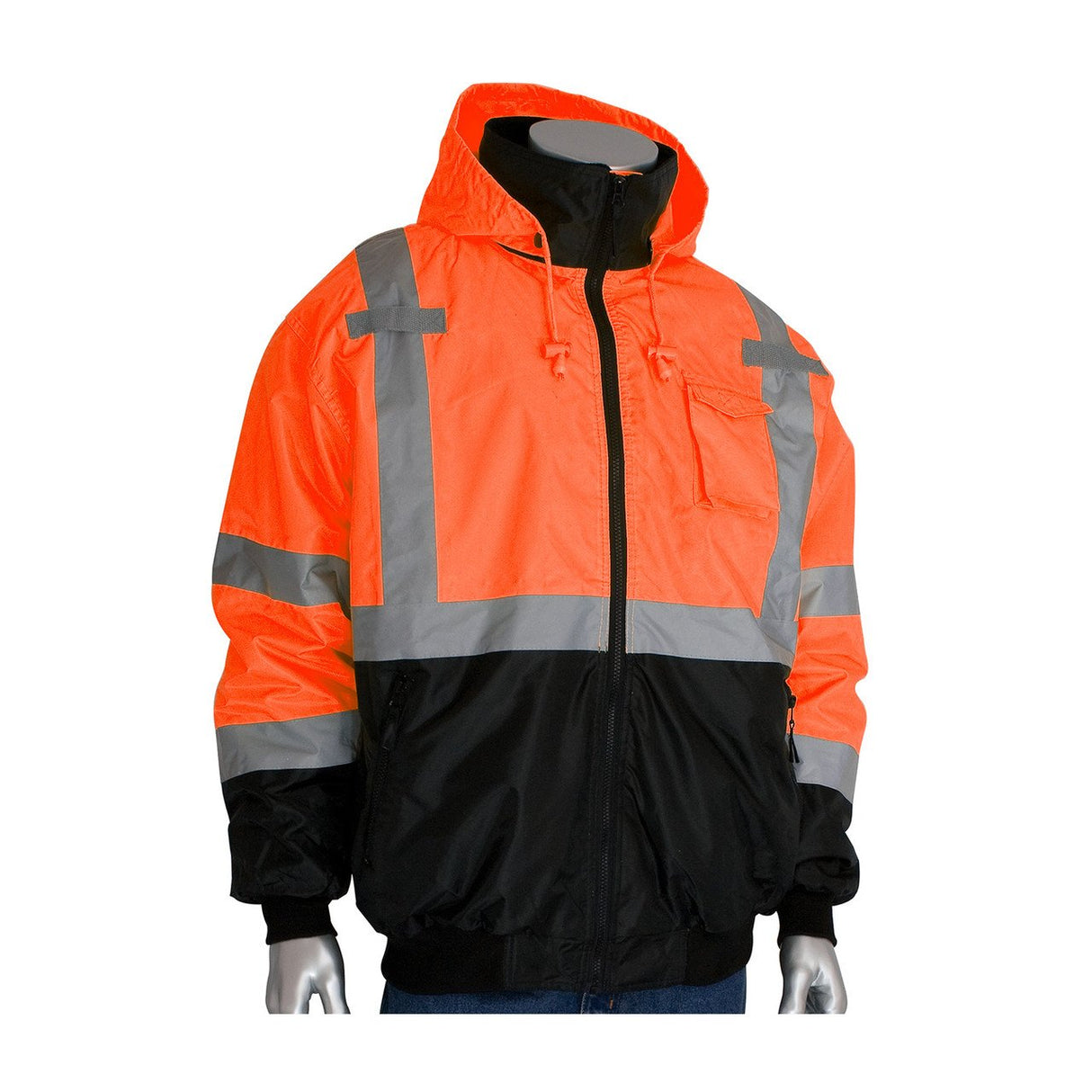 The PIP Waterproof Reflective Value Bomber Jacket 333-1766 by Protective Industrial Products is a vibrant orange and black ANSI Class 3 jacket adorned with reflective silver stripes. It features a hood and multiple pockets, showcased on a neutral-colored mannequin against a plain background.