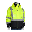 The PIP Rip Stop Premium Plus Bomber Jacket, model D-Ring 333-1770, from PIP - Protective Industrial Products, is a yellow and black high-visibility jacket with a waterproof outer shell. It includes reflective silver stripes on the sleeves, chest, and waist and is equipped with a hood and buttoned front. This jacket complies with ANSI Type R Class 3 standards and is displayed on a mannequin.