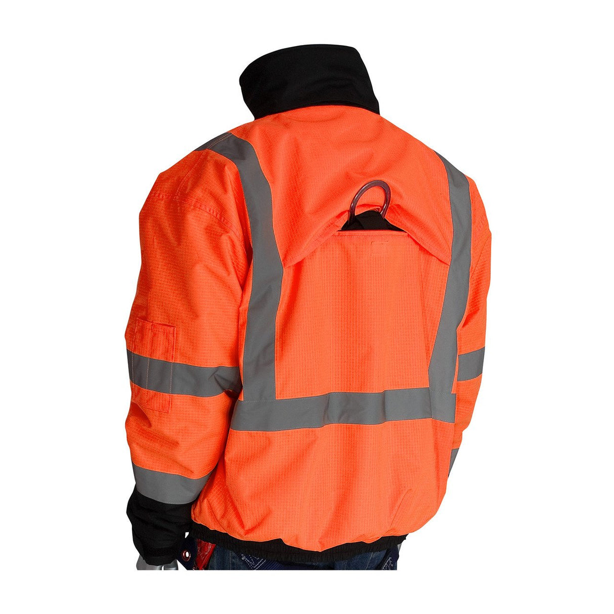 A person is wearing a bright orange PIP Rip Stop Premium Plus Bomber Jacket with gray reflective stripes on the back, designed with an ANSI Type R Class 3 rating, and standing against a plain white background.