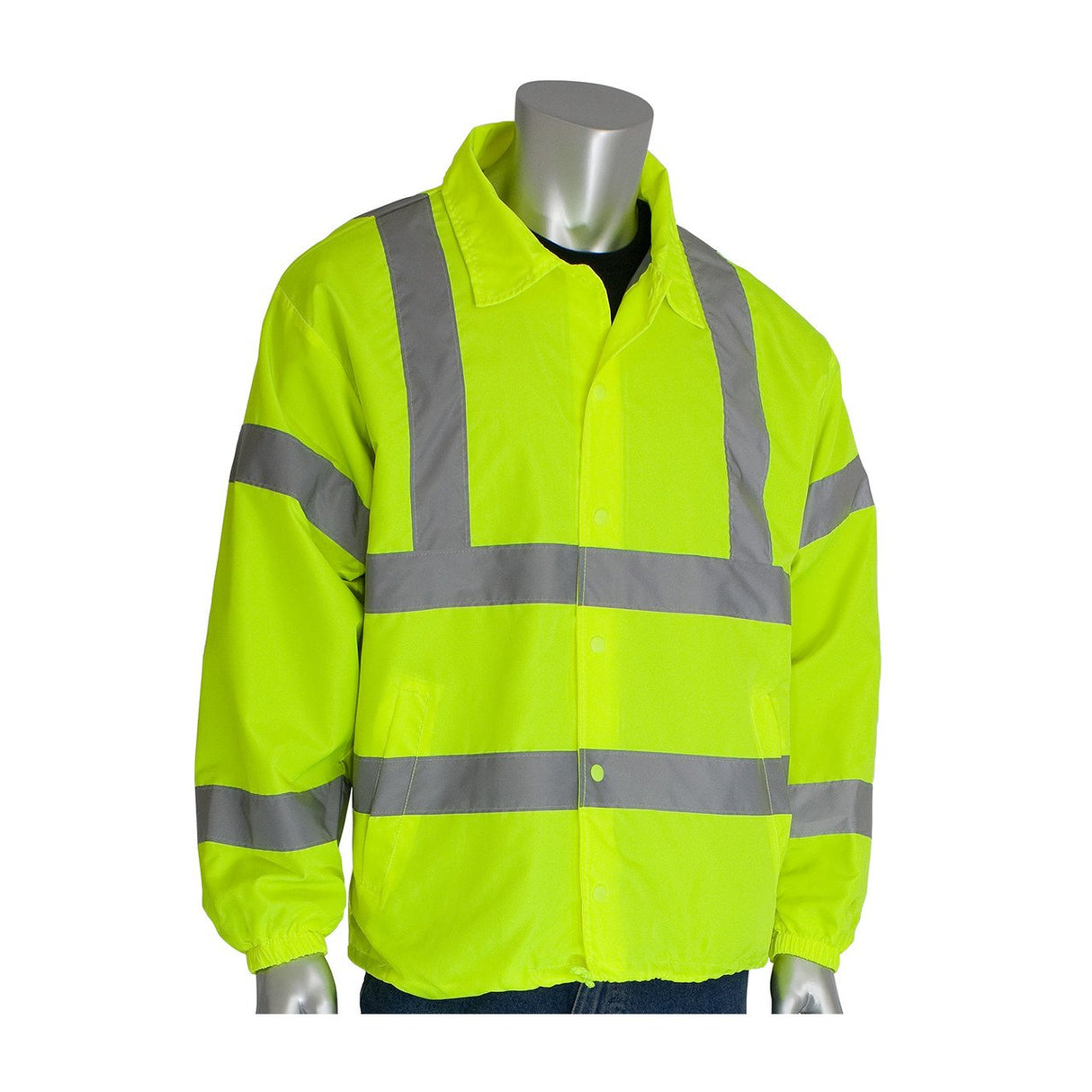 The PIP ANSI Type R Class 3 Classic Wind Breaker 333-WB, from PIP - Protective Industrial Products, is a fluorescent yellow jacket with reflective gray stripes on the torso and arms. Displayed on a mannequin, this collared windbreaker features long sleeves for enhanced visibility and protection, making it ideal ANSI Class 3 apparel.