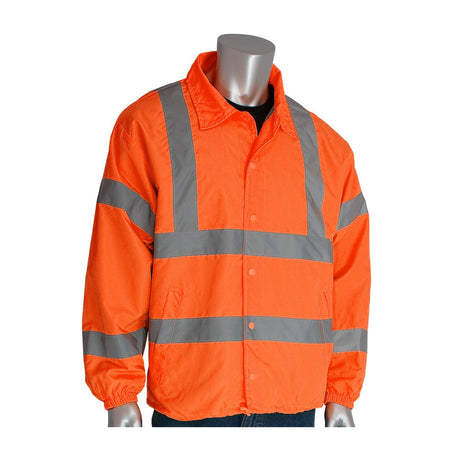 A mannequin showcases the PIP ANSI Type R Class 3 Classic Wind Breaker 333-WB, a vibrant orange hi-vis jacket with reflective gray stripes on the sleeves, chest, and waist. This product from Protective Industrial Products features a robust collar and snap buttons down the front for improved safety and functionality.