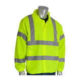 A mannequin is dressed in a PIP ANSI Type R Class 3 Classic Wind Breaker 333-WB from Protective Industrial Products, showcasing its vibrant yellow hue with grey horizontal and vertical stripes. This wind breaker features a collar and button closure, guaranteeing optimal visibility for construction or roadside work.