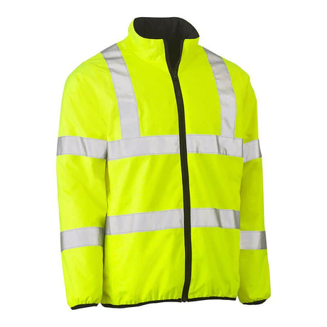 Introducing the PIP Bisley ANSI Type R Class 3 Reversible Puffer Jacket 333M6350H by Protective Industrial Products. This bright yellow hi-visibility jacket is designed for optimal safety with silver reflective stripes across the chest, waist, and arms. Featuring a black zipper, it ensures maximum visibility in low-light conditions. Stay safe and seen with this essential piece of hi-visibility apparel.
