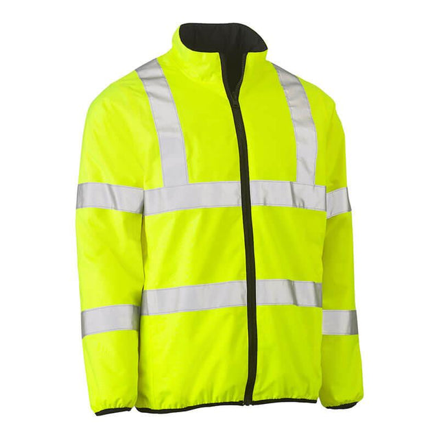 Introducing the PIP Bisley ANSI Type R Class 3 Reversible Puffer Jacket 333M6350H by Protective Industrial Products. This bright yellow hi-visibility jacket is designed for optimal safety with silver reflective stripes across the chest, waist, and arms. Featuring a black zipper, it ensures maximum visibility in low-light conditions. Stay safe and seen with this essential piece of hi-visibility apparel.
