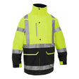 Introducing the PIP Bisley 5-in-1 Ripstop Jacket w/Zip-Out Inner Jacket 333M6375H by Protective Industrial Products. This vibrant yellow and black waterproof jacket is crafted from durable ripstop polyester and accented with reflective silver stripes. Designed for optimal visibility and protection in low-light conditions, it features multiple pockets and a high collar.