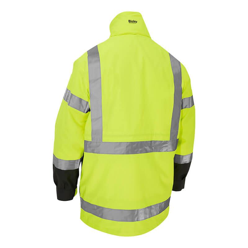 Introducing the PIP Bisley 5-in-1 Ripstop Jacket w/Zip-Out Inner Jacket 333M6375H by Protective Industrial Products. This jacket is a vibrant yellow, high-visibility safety garment made from waterproof polyester. It features reflective gray stripes on the sleeves, chest, and back for enhanced visibility and safety. Designed for durability, this ripstop jacket also includes black cuffs and a high collar to ensure comfort in all conditions.