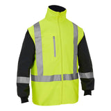 The PIP Bisley 5-in-1 Ripstop Jacket w/Zip-Out Inner Jacket 333M6375H from Protective Industrial Products is a bright yellow, high-visibility jacket made from waterproof polyester. It features reflective silver stripes, black sleeves, zipper closure, and a zipped chest pocket for enhanced functionality and style.