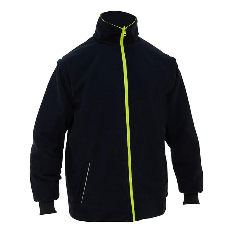 Introducing the PIP Bisley 5-in-1 Ripstop Jacket w/Zip-Out Inner Jacket 333M6375H by Protective Industrial Products: This black ripstop jacket, crafted from waterproof polyester, boasts a high collar and a striking neon green zipper. It also features two side pockets with delicate neon green detailing along the edges.