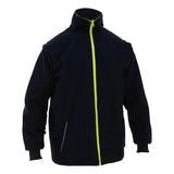 Introducing the PIP Bisley 5-in-1 Ripstop Jacket w/Zip-Out Inner Jacket 333M6375H by Protective Industrial Products: This black ripstop jacket, crafted from waterproof polyester, boasts a high collar and a striking neon green zipper. It also features two side pockets with delicate neon green detailing along the edges.