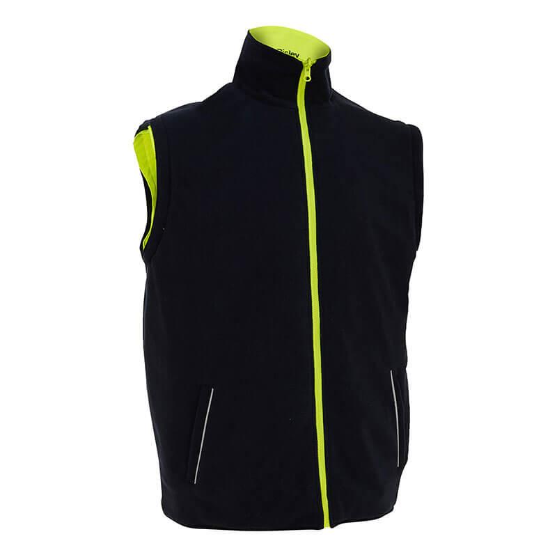 The PIP - Protective Industrial Products Bisley 5-in-1 Ripstop Jacket, model 333M6375H, is presented as a black sleeveless vest crafted from waterproof polyester. It features a bright neon green zipper and lining along with two front pockets. The design includes a high collar reminiscent of a high visibility ripstop jacket and is showcased against a white background.