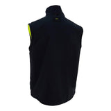 Back view of the PIP Bisley 5-in-1 Ripstop Jacket with a sleeveless black vest featuring a standing collar, made from waterproof polyester. The interior lining is a high-visibility neon green, subtly apparent at the armholes.