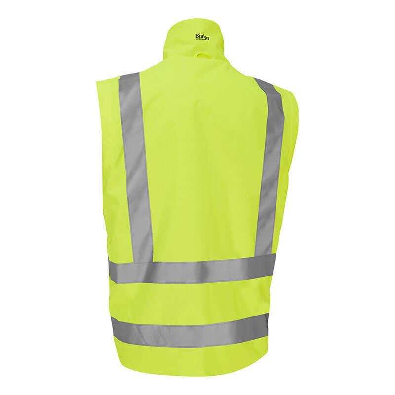 The PIP Bisley 5-in-1 Ripstop Jacket with Zip-Out Inner Jacket (333M6375H) from Protective Industrial Products features a high-visibility yellow design made from waterproof polyester, complete with reflective gray stripes on the back.