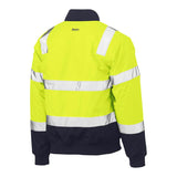 The PIP Bisley Bomber Jacket w/Built-In Padded Lining 333M6730T, manufactured by PIP - Protective Industrial Products, is designed for high visibility with its bright yellow color and reflective silver stripes and tape. It features a black collar and cuffs to ensure enhanced visibility and safety in demanding environments while being waterproof.