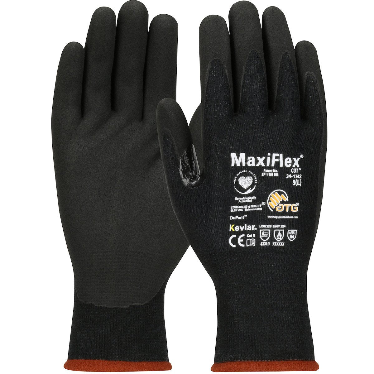 A pair of PIP MaxiFlex Cut Seamless Knit DuPont Kevlar gloves 34-1743 features a black design with an orange cuff. The back of one glove showcases logos and text highlighting features such as the integration of Kevlar, ANSI certification for cut protection, and touchscreen compatibility to enhance functionality and durability.