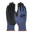 A display showcases a pair of PIP G-Tek NeoFoam Coated Gloves 34-600 by Protective Industrial Products, featuring a black and blue design with a textured palm and fingers for improved grip while being touchscreen compatible.