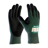 A pair of dark green and black PIP MaxiFlex Cut gloves, model 34-8443, featuring a Nitrile Coated MicroFoam Grip. These size 9 gloves are designed with a textured palm for enhanced grip, display multiple safety certifications on the back, and provide touchscreen compatibility for added convenience.