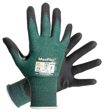 A pair of PIP ATG MaxiFlex Cut Resistant Gloves 34-8743, featuring a green and black design and a nitrile coating for enhanced durability, proudly display their safety certification. One glove is shown open to reveal the palm, while the other is oriented downward to highlight its cut-resistant back and fingers.