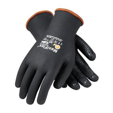 The ATG MaxiFlex Endurance Micro-Foam Nitrile Grip Glove 34-8745, available in a pack of 12 pairs from PIP - Protective Industrial Products, combines black and orange colors with a textured grip on the palms and fingers. Featuring white text and symbols, these gloves are Skin Safe Certified. They are crafted with Micro-Foam Nitrile to ensure both durability and comfort for extended wear.