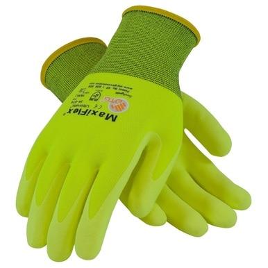 The MaxiFlex High-Visibility Micro-Foam Grip Glove 34-874FY by PIP - Protective Industrial Products comes in bright yellow and green, featuring micro-foam grips on the palms and fingers. These gloves are safety certified for durability and comfort during any task.