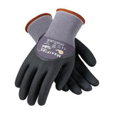 The ATG MaxiFlex Ultimate Micro-Foam 3/4 Coated Palm Nitrile Gloves (34-875) from PIP - Protective Industrial Products are designed with a black and gray color scheme, accented by orange-trimmed cuffs. These gloves provide exceptional tactile sensitivity and feature a textured surface for enhanced grip, thanks to the micro-foam nitrile coating, making them perfect for industrial or safety applications.