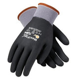 A pair of black and gray MaxiFlex Ultimate Fully-Coated Micro-Foam Grip Gloves from Protective Industrial Products, featuring an orange trim, ensures excellent hand protection. The gloves prominently display the "MaxiFlex" label on the back and are shown with one overlapping the other, highlighting their stretchy cuff and textured surface for superior grip and abrasion resistance.