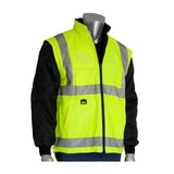 Displayed is the PIP All Conditions Coat, Inner Jacket & Vest Combo 343-1756 by Protective Industrial Products. This high-visibility jacket features a bright yellow front with reflective gray stripes and black quilted sleeves. Made from waterproof polyester, it meets ANSI Type R Class 3 standards and includes a zip-up front. It is shown on a mannequin torso against a white background.