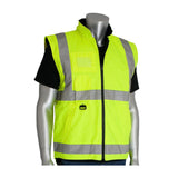 A mannequin showcases the PIP All Conditions Coat, Inner Jacket & Vest Combo (343-1756) from Protective Industrial Products. This hi-visibility apparel includes a vibrant yellow vest with reflective silver stripes layered over a black shirt. Constructed from waterproof polyester, the vest is designed with a front zipper and features a convenient small pocket on the chest, complying with ANSI Type R Class 3 standards.