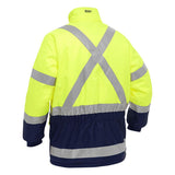 The PIP Bisley X-Back Extreme Cold Jacket w/Navy Bottom 343M6450X is a high-visibility safety jacket from Protective Industrial Products. It features reflective stripes in an X pattern on the back and is designed for extreme cold protection. The yellow jacket has navy blue accents on the bottom hem and sleeves, coupled with thermal insulation to ensure warmth in harsh conditions.