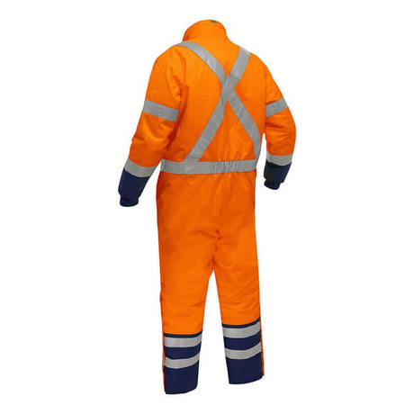 Introducing the PIP Bisley Extreme Cold Coverall with X-Back 344M6453X by Protective Industrial Products, featuring a bright orange high-visibility design. This coverall is equipped with DuPont Sorona Aura for thermal protection and showcases reflective silver stripes across the back, arms, and legs. It is specially designed for extreme cold environments, with blue sections on the lower pant legs, and is presented against a neutral background.