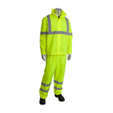 Displayed against a plain white background, a mannequin is outfitted in the PIP - Protective Industrial Products Hi-Visibility 2-Piece Reflective Rain Suit 353-1000. This ANSI 107 compliant ensemble, featuring a bright yellow safety jacket and pants with reflective silver strips, is perfectly completed with black shoes.