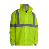 The mannequin showcases the PIP Hi-Visibility 2-Piece Reflective Rain Suit 353-1000 by Protective Industrial Products, a bright yellow jacket with gray reflective stripes on the chest, shoulders, and arms. This waterproof rainsuit features a high collar and full front zipper while adhering to ANSI 107 compliance standards for safety.