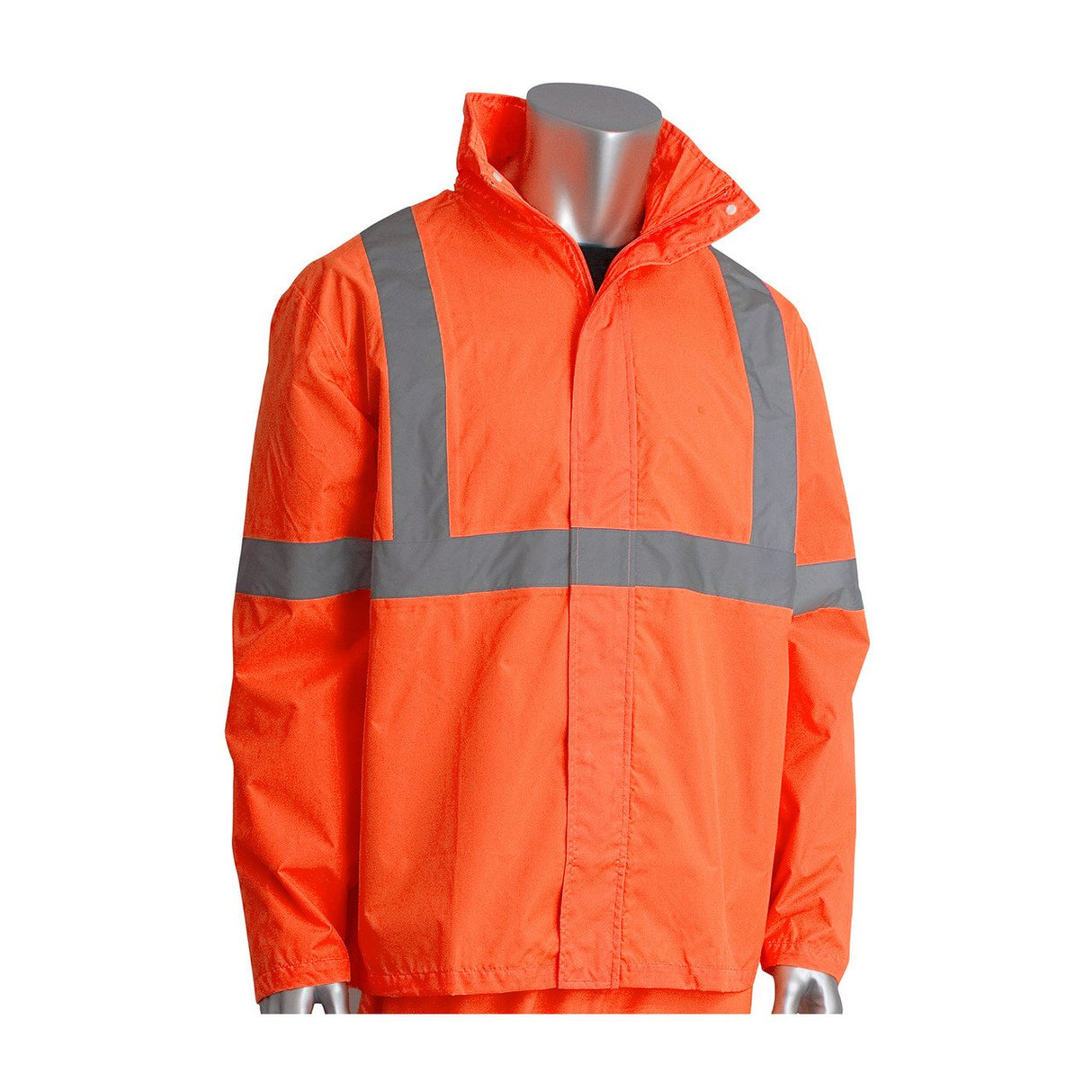 Displayed on a mannequin is the PIP Hi-Visibility 2-Piece Reflective Rain Suit 353-1000 from Protective Industrial Products. This vibrant orange safety jacket features reflective gray stripes on the torso and sleeves. Designed with a high collar, it ensures compliance with ANSI 107 standards for optimal safety.