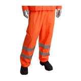 The mannequin is dressed in the PIP Hi-Visibility 2-Piece Reflective Rain Suit 353-1000 by Protective Industrial Products, a vibrant orange ensemble designed with reflective stripes near the ankles to ensure ANSI 107 compliance. Black shoes are visible at the bottom, highlighting attention to detail on the lower half.