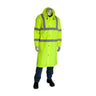 The mannequin is wearing the PIP Hooded Long Reflective Raincoat 353-1048 by PIP - Protective Industrial Products, which is a hi-vis, neon yellow waterproof coat with reflective gray stripes. It features long sleeves, a hood, and extends below the knees. The full weather-ready ensemble is completed with dark pants and black shoes.