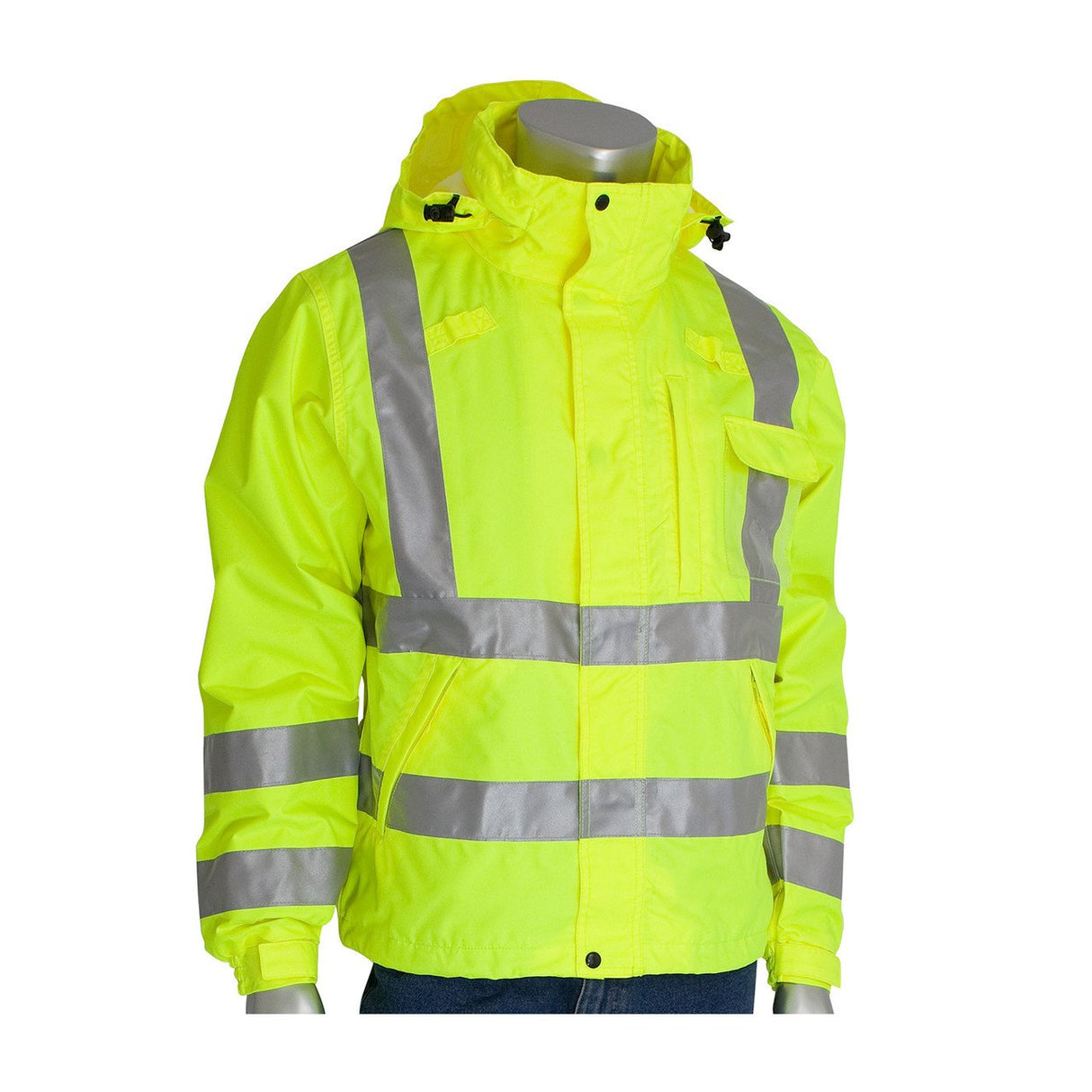 The PIP VizPLUS Waterproof Breathable Jacket 353-2000 from Protective Industrial Products is a bright yellow high-visibility jacket, crafted from waterproof material and featuring reflective silver stripes across the chest, arms, and waist. It includes a hood and a zipper front and is displayed on a faceless mannequin.