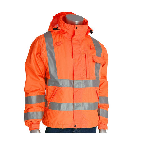 A PIP VizPLUS Waterproof Breathable Jacket 353-2000 from PIP - Protective Industrial Products is showcased on a mannequin. This vibrant orange high-visibility jacket with reflective silver stripes features several pockets and a detachable hood, expertly designed for safety and visibility.