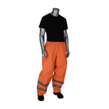 A mannequin displays hi-visibility apparel, featuring the PIP VizPLUS Waterproof Breathable Pants 353-2002 in orange with reflective stripes and a black T-shirt, set against a white backdrop. These ANSI Class E certified pants from Protective Industrial Products ensure both safety and style in low-light conditions.