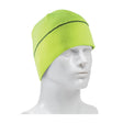 Displayed on a white mannequin head facing right, against a plain white background, is the PIP Winter Beanie Cap with Reflective Stripe 360-BEANNIE by Protective Industrial Products, featuring a lime green color and a thin reflective stripe encircling it.