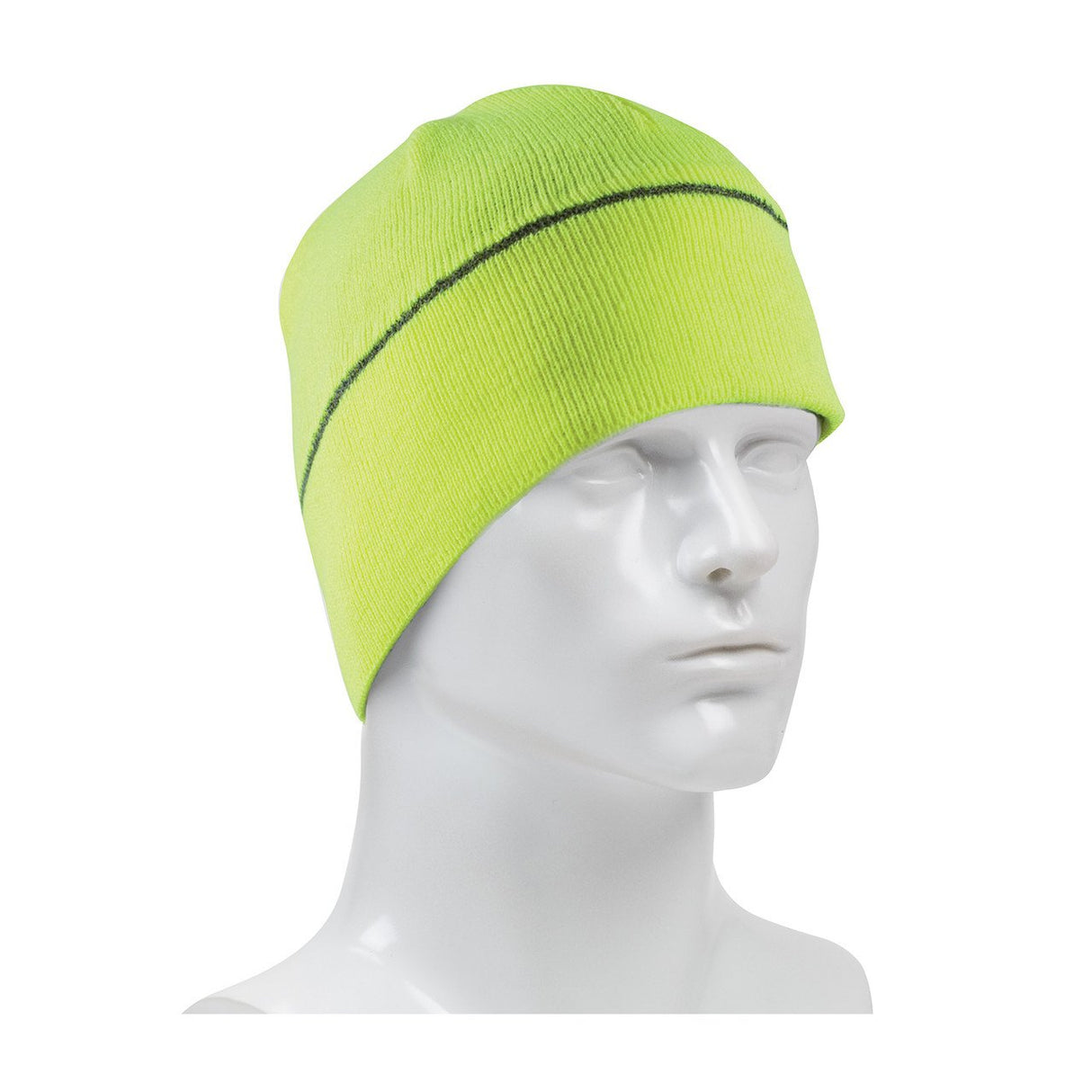 Displayed on a white mannequin head facing right, against a plain white background, is the PIP Winter Beanie Cap with Reflective Stripe 360-BEANNIE by Protective Industrial Products, featuring a lime green color and a thin reflective stripe encircling it.