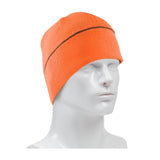 A white mannequin head showcases the PIP Winter Beannie Cap with Reflective Stripe 360-BEANNIE, an orange hat featuring a sleek black reflective stripe for enhanced visibility.