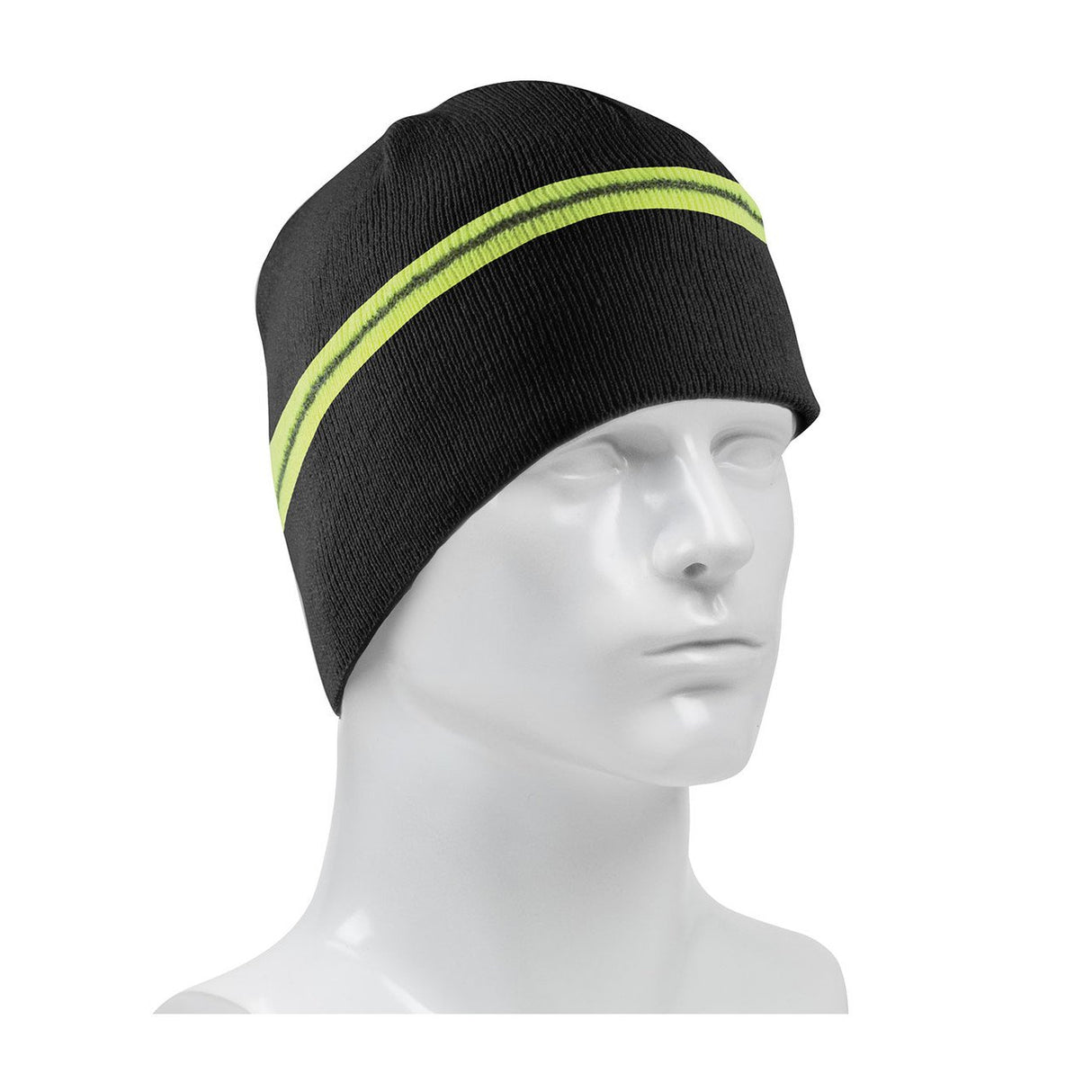 A white mannequin head displays the PIP Winter Beannie Cap with Reflective Stripe 360-BEANNIE by Protective Industrial Products, featuring a bold reflective stripe accent in bright yellow against its black fabric. The hi-visibility design contrasts strikingly against the plain white backdrop.