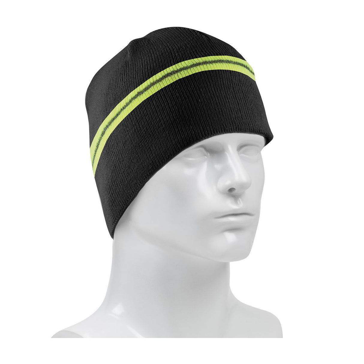 The PIP Winter Beannie Cap with Reflective Stripe 360-BEANNIE by Protective Industrial Products, featuring two neon green reflective stripes, is shown on a white mannequin head against a plain backdrop.