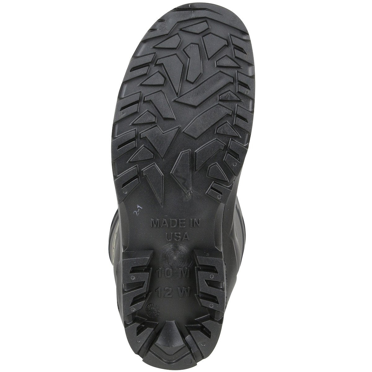 The image features the sole of a PIP Boss Footwear 16" Black PVC Plain Toe Boot 380-800 by Protective Industrial Products. The sole has a textured, rugged pattern, perfect for waterproof boots. It prominently displays "MADE IN USA," size "12 W," and additional specifications. This tread design is both slip-resistant and showcases a symmetrical and angular appearance.